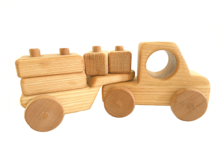 Holzspielzeug Lastwagen mit Auflieger und steckbaren Buchenklötzchen