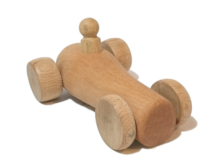 Holz-Rennwagen mit Fahrer, Buche geölt