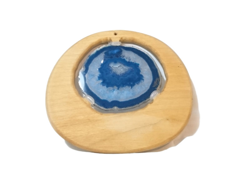 Achatscheibe blau im Holzrahmen, Ahorn