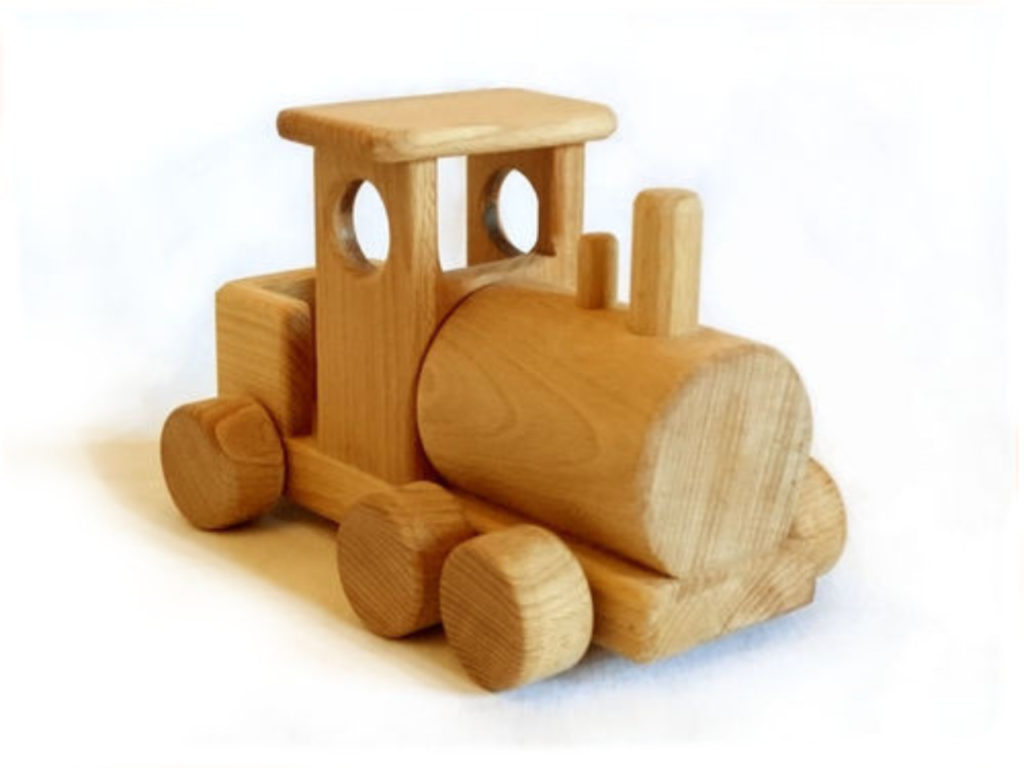 Spielzeug Lokomotive mit Anhänger aus Holz, Buche geölt